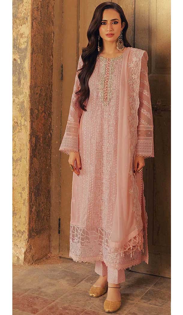 Faux Georgette Embroidered Pakistani Style Salwar Suit In Baby Pink - 11054198438