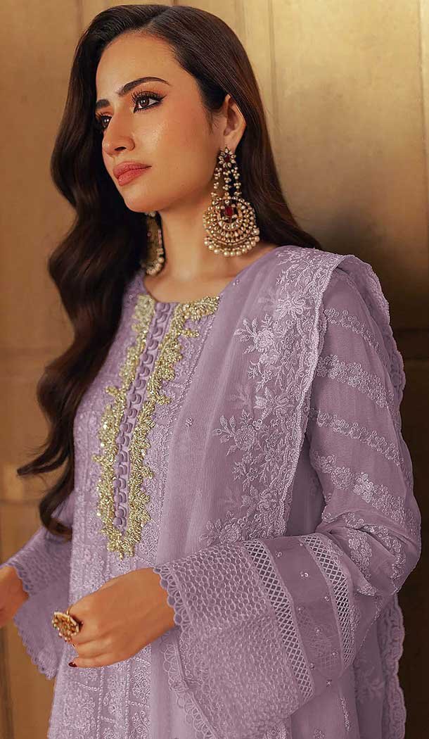 Faux Georgette Embroidered Pakistani Style Salwar Suit In Lavender - 11054198439