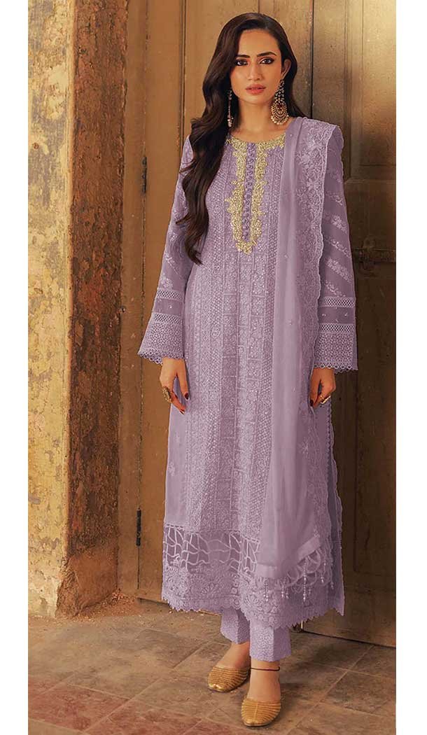 Faux Georgette Embroidered Pakistani Style Salwar Suit In Lavender - 11054198439