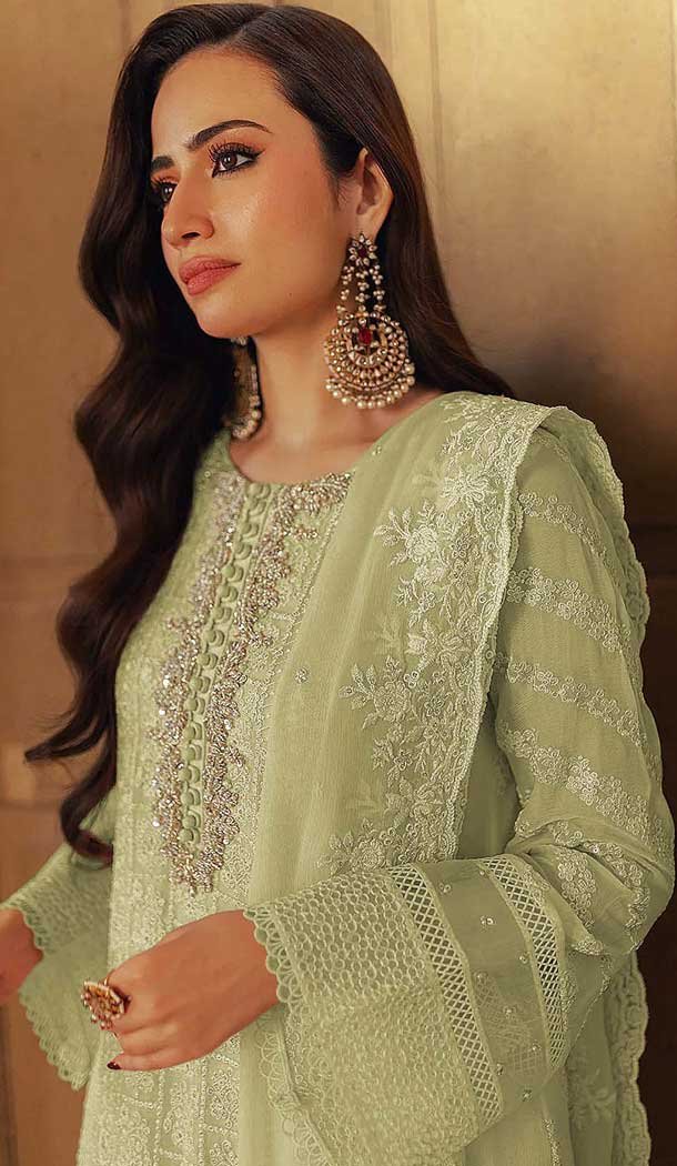 Faux Georgette Embroidered Pakistani Style Salwar Suit In Pista Green - 11054198440
