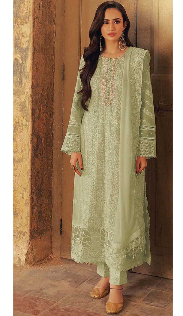 Faux Georgette Embroidered Pakistani Style Salwar Suit In Pista Green - 11054198440
