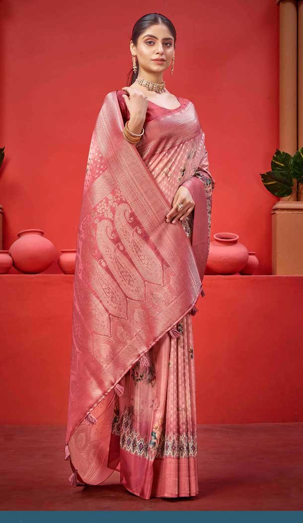 Pink And Magenta Soft Georgette Digital Print Work Traditional Wear Saree - 11096198777