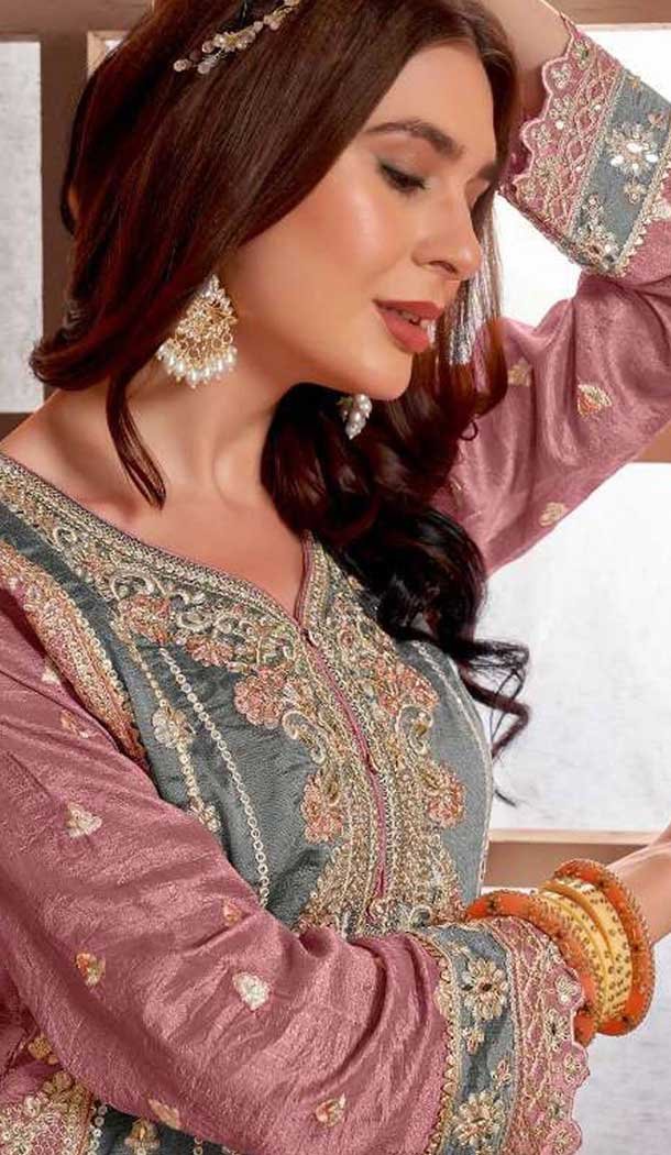 Grey PV Vichitra Embroidered Pakistani Style Salwar Suit - 11053198433