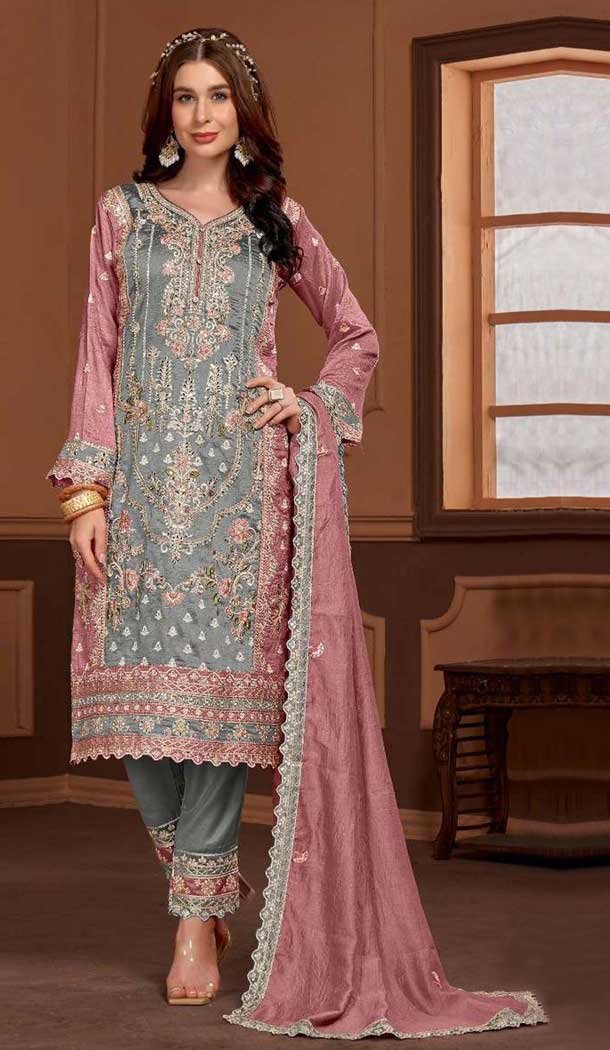 Grey PV Vichitra Embroidered Pakistani Style Salwar Suit - 11053198433