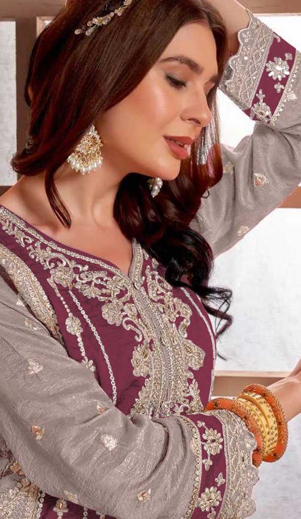Burgundy PV Vichitra Embroidered Pakistani Style Salwar Suit - 11053198434