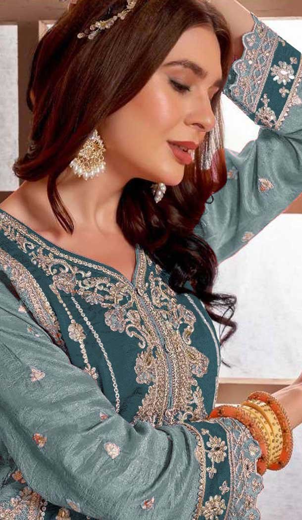 Teal Blue PV Vichitra Embroidered Pakistani Style Salwar Suit - 11053198435