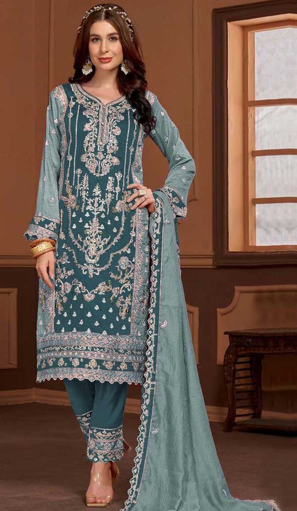 Teal Blue PV Vichitra Embroidered Pakistani Style Salwar Suit - 11053198435