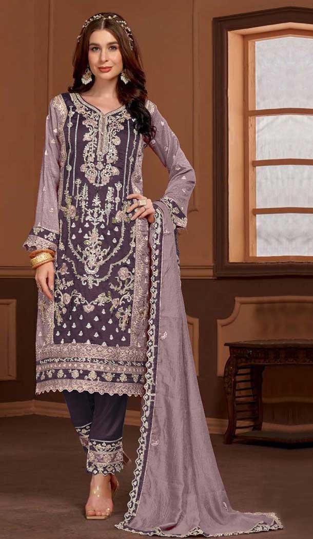 Purple PV Vichitra Embroidered Pakistani Style Salwar Suit - 11053198436