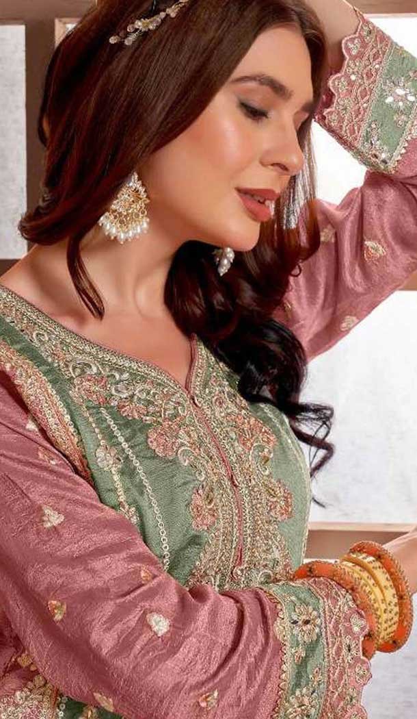 Green PV Vichitra Embroidered Pakistani Style Salwar Suit - 11053198437