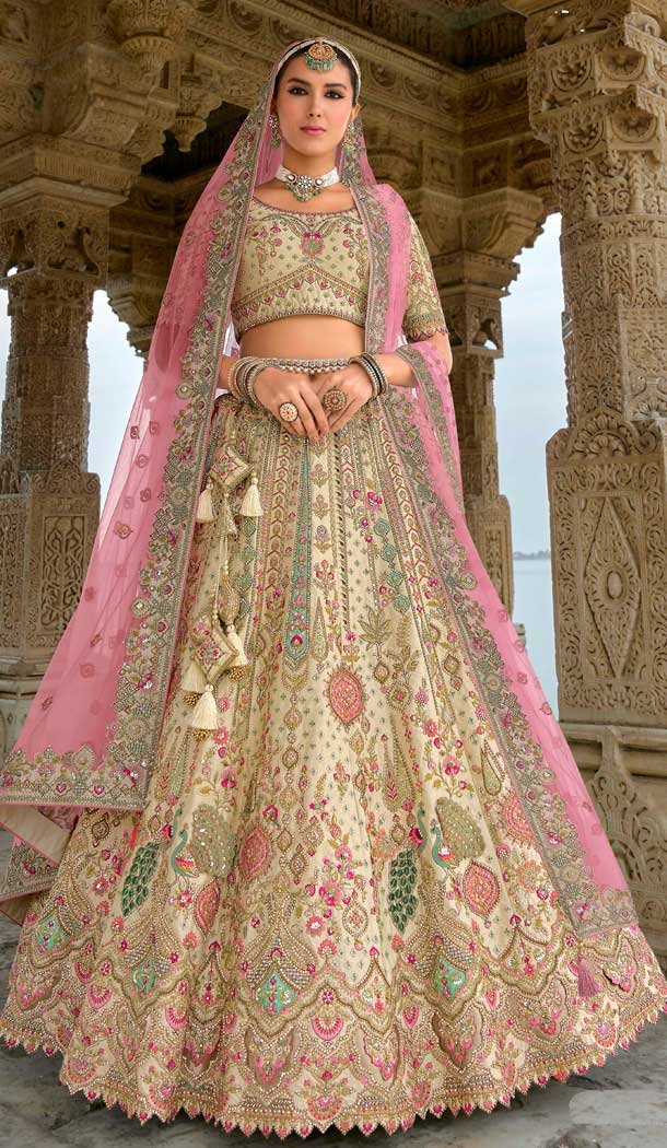 Cream Silk Embroidered Wedding Wear Designer Bridal Lehenga Choli - 11103198839