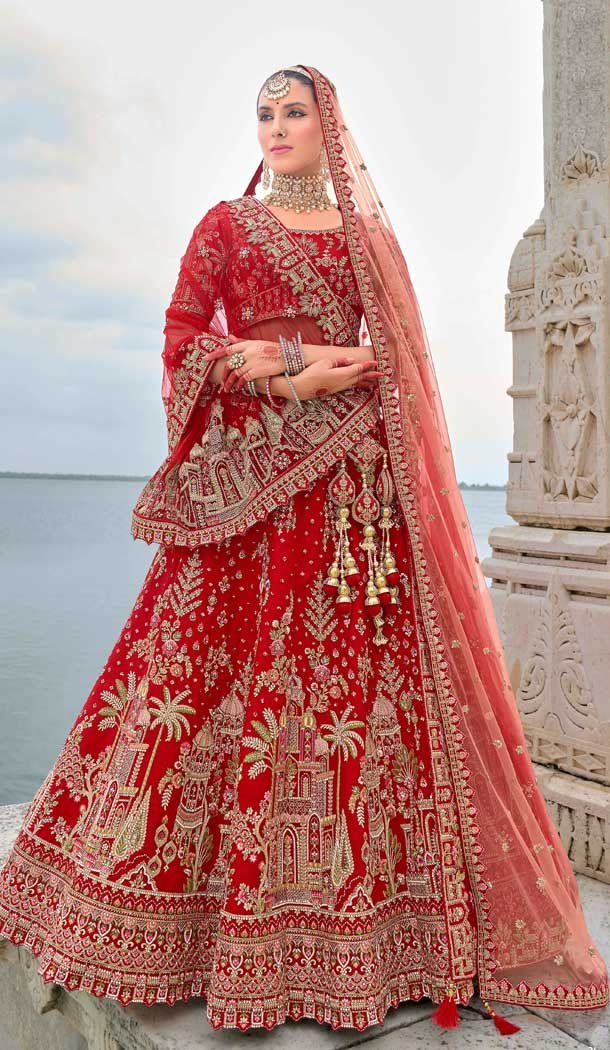 Red Embroidered Silk Wedding Wear Designer Bridal Lehenga Choli - 11103198841