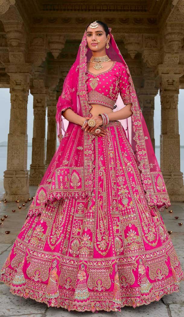 Rani Pink Silk Khatli Embroidered Wedding Wear Bridal Lehenga Choli - 11103198847