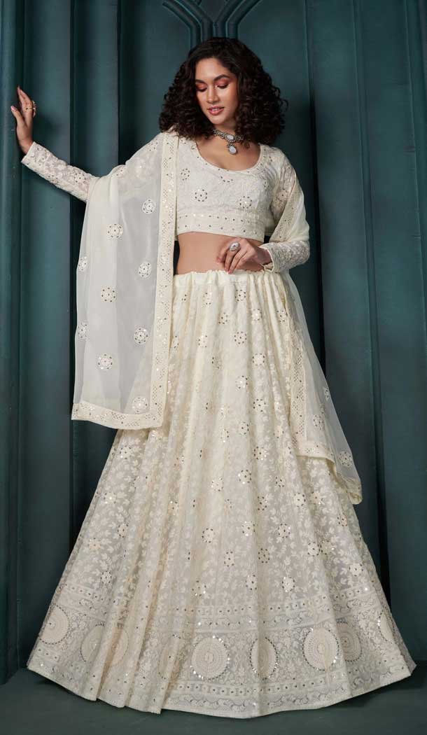 Georgette Embroidered Designer Lehenga Choli In Off White - 11106198858