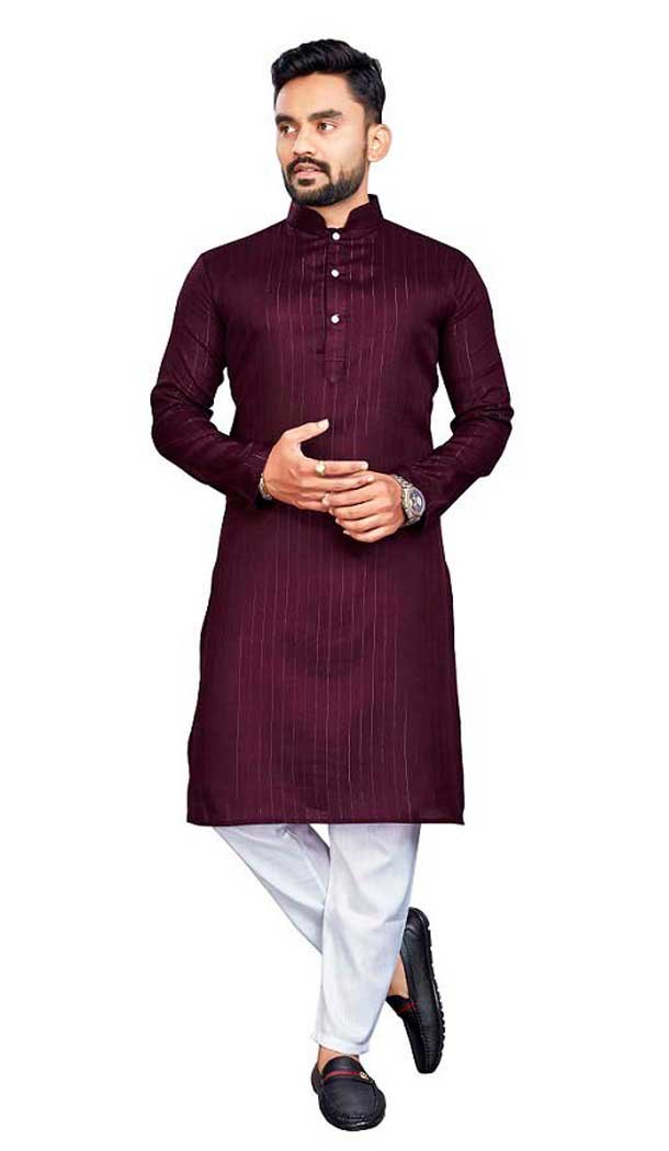 Wine Cotton Slub Zari Work Casual Wear Readymade Men Kurta Pajama - 11136199104