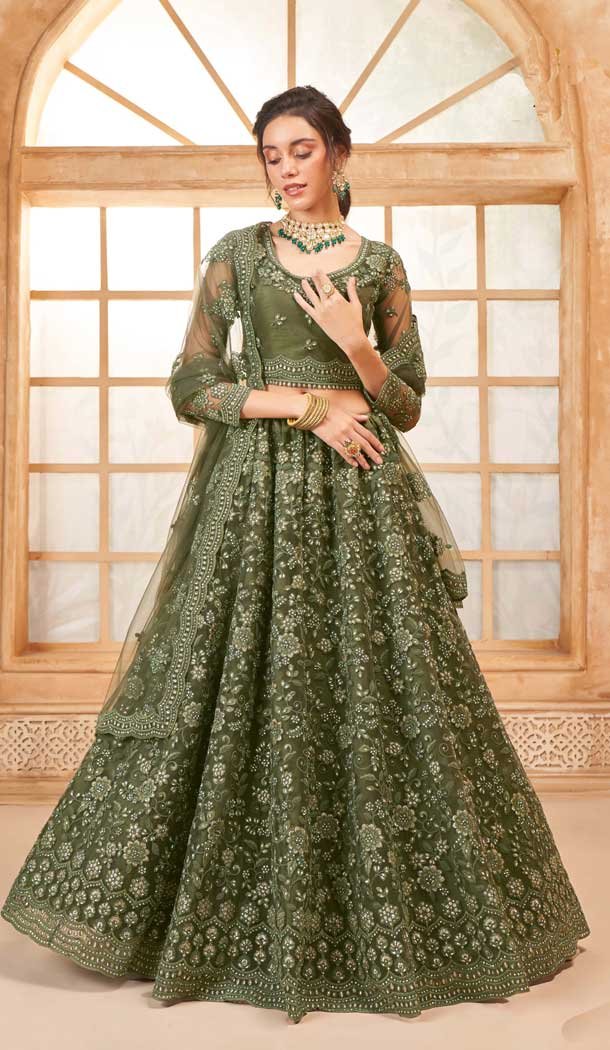 Mehendi Green Net Thread Work Designer Wear Lehenga Choli - 11107198863
