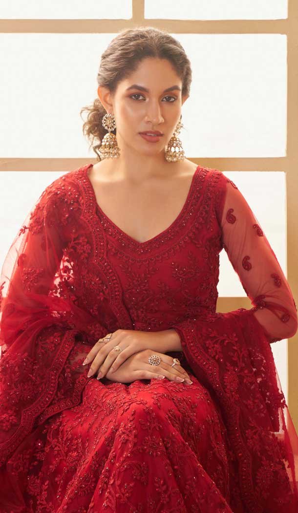 Red Thread Work Net Designer Wear Lehenga Choli - 11107198871
