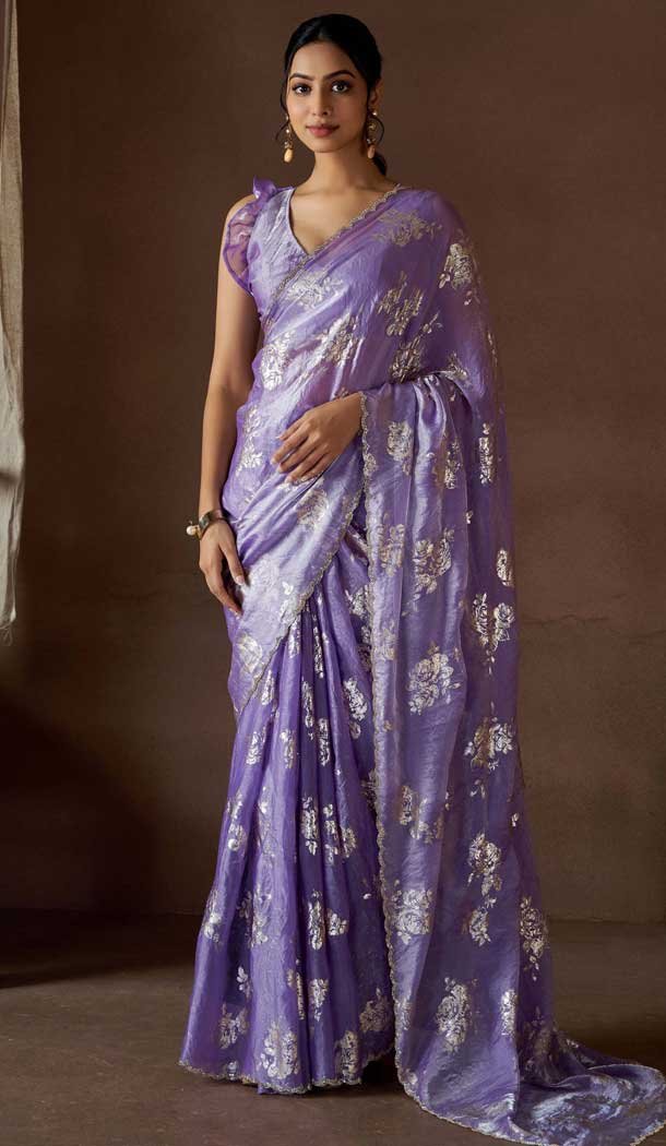 Satin Silk Zari Print Work Party Wear Saree In Lavender - 11114198929