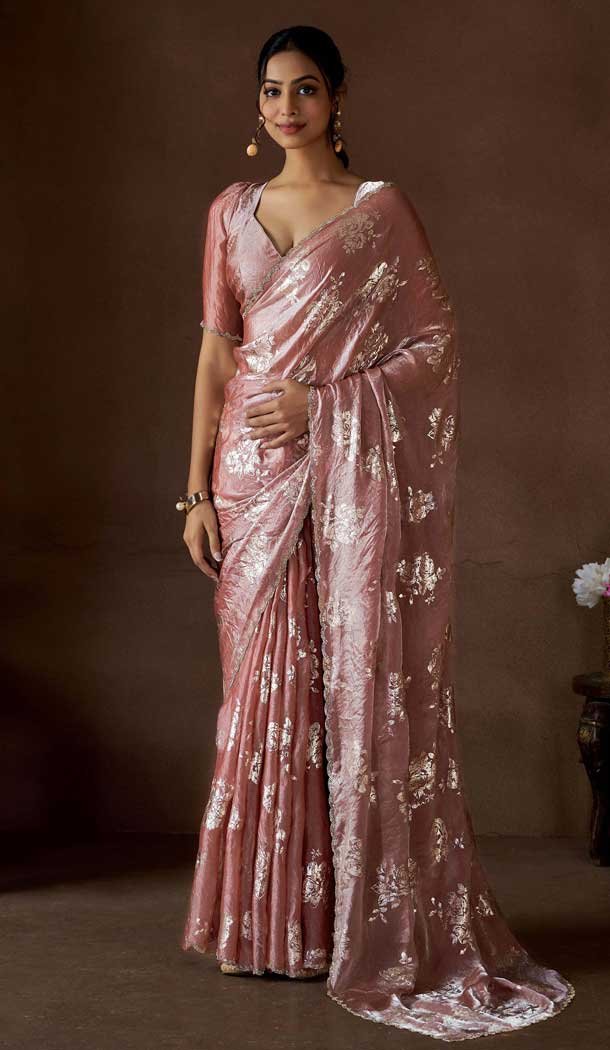 Satin Silk Zari Print Work Party Wear Saree In Peach - 11114198930