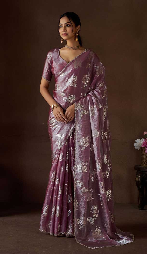 Satin Silk Zari Print Work Party Wear Saree In Mauve - 11114198932