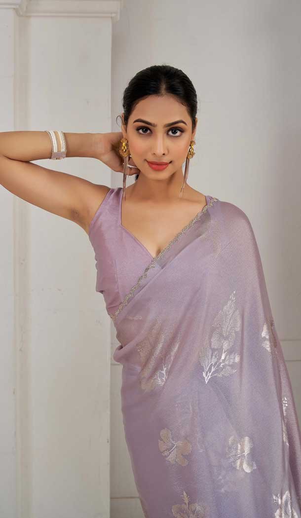 Lavender Satin Silk Foil Print Work Party Wear Saree - 11115198934