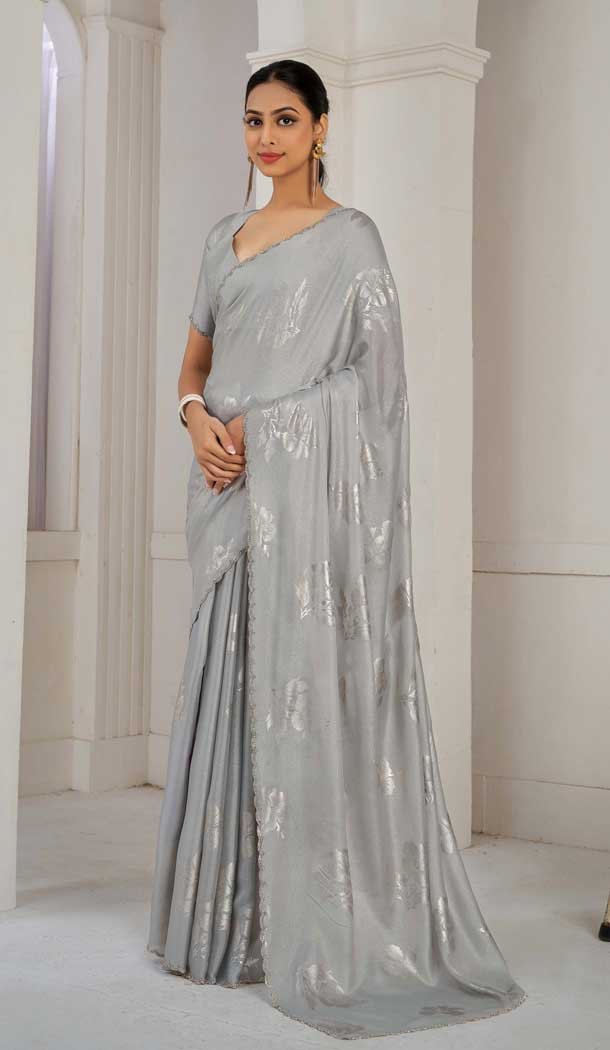 Grey Satin Silk Foil Print Work Party Wear Saree - 11115198935