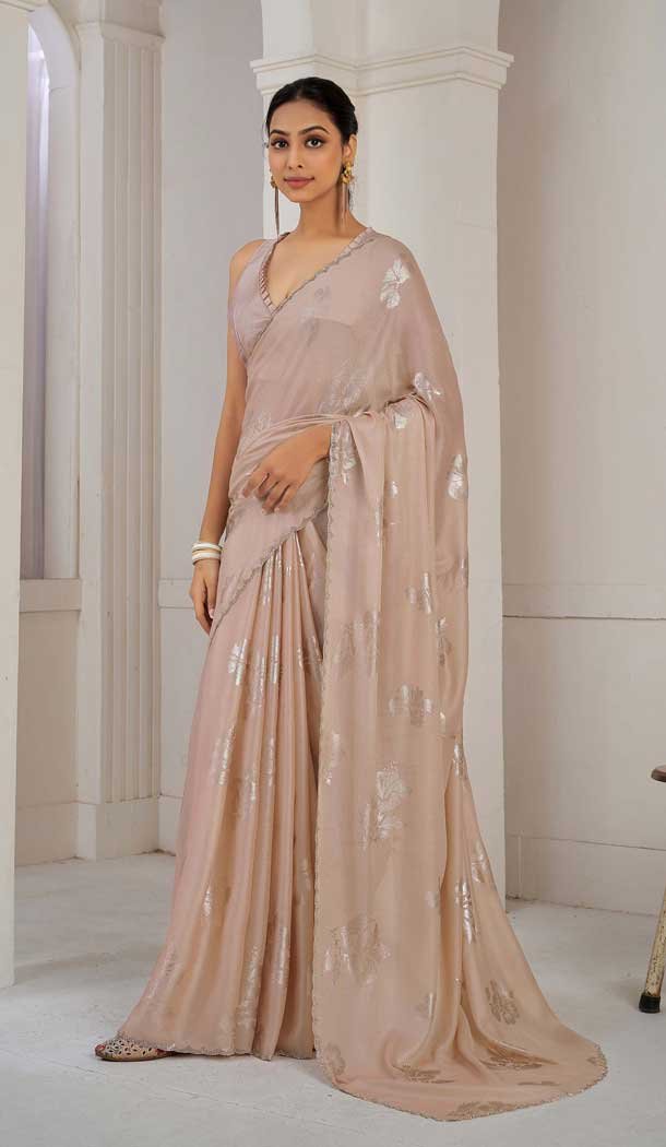 Peach Satin Silk Foil Print Work Party Wear Saree - 11115198936
