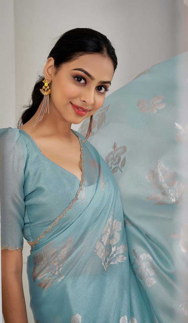 Sky Blue Satin Silk Foil Print Work Party Wear Saree - 11115198937