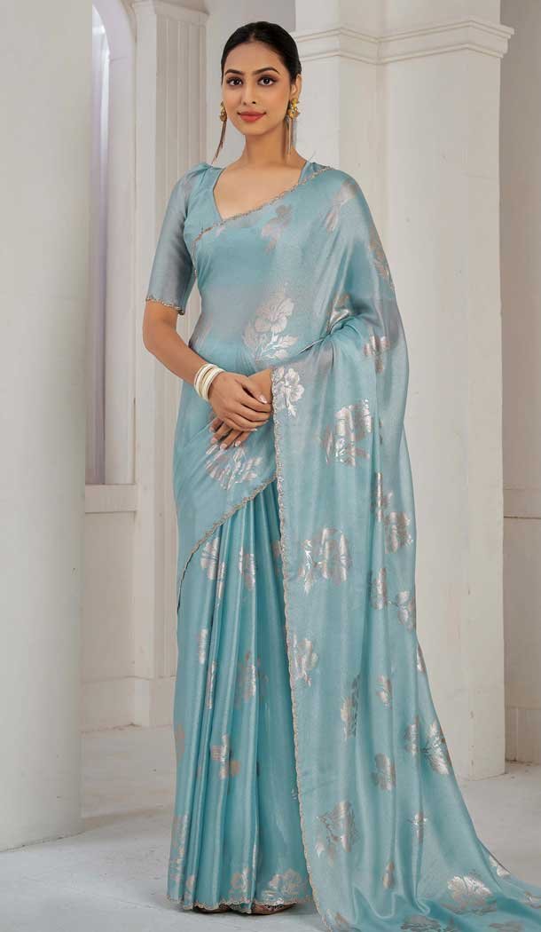 Sky Blue Satin Silk Foil Print Work Party Wear Saree - 11115198937