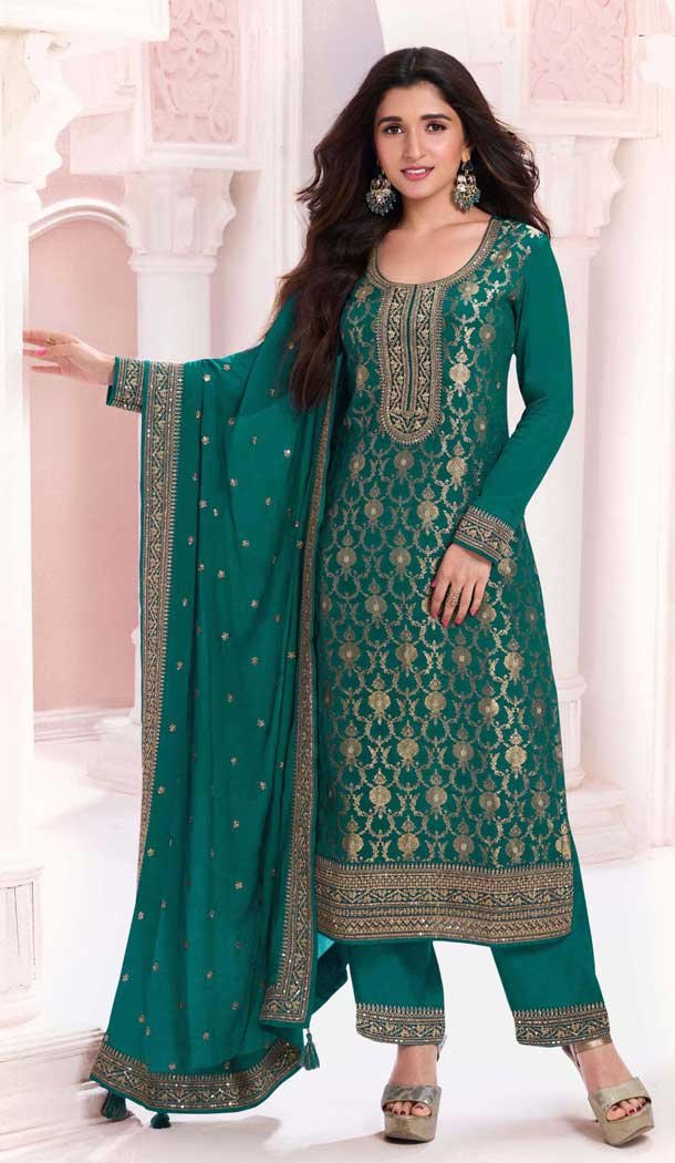 Silk Jacquard Embroidered Party Wear Palazzo Salwar Suit In Rama Green - 11149199222