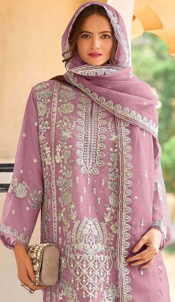 Organza Embroidered Pakistani Style Salwar Suit In Pink - 11189199531