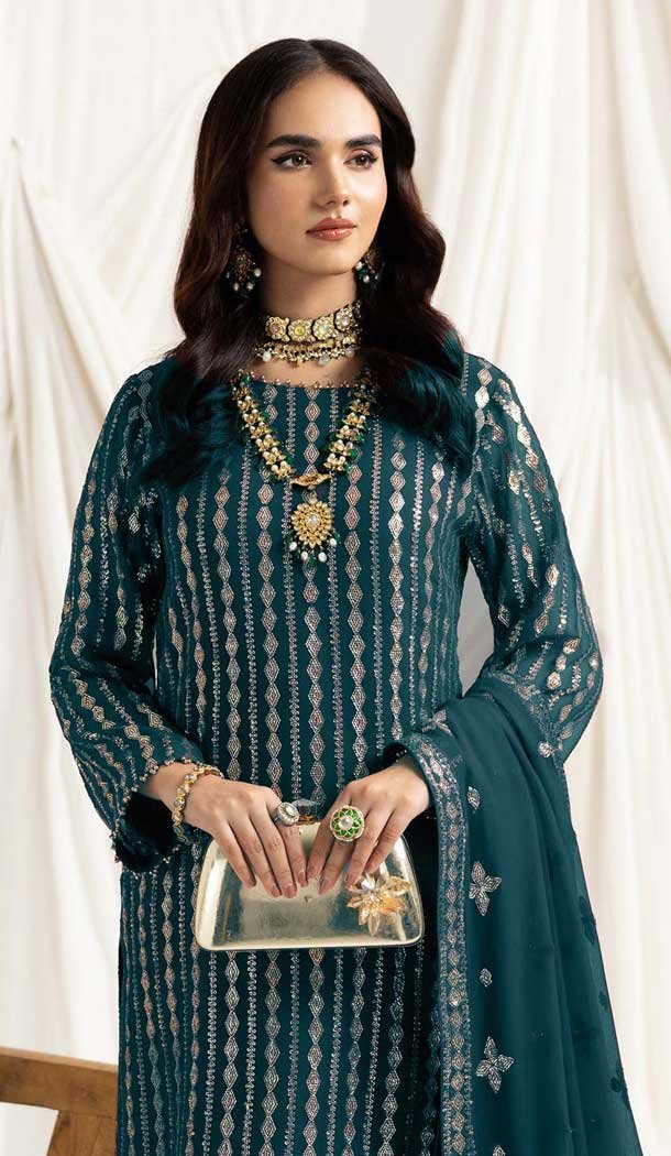 Teal Blue Georgette Embroidered Pakistani Style Salwar Suit - 11190199536