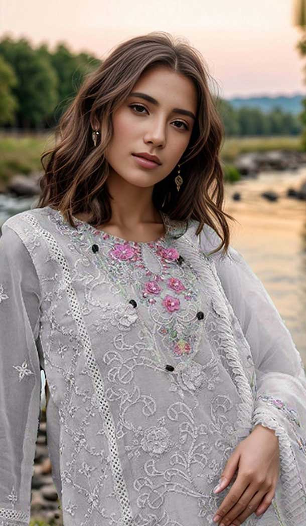 Grey Organza Embroidered Evening Wear Salwar Kameez - 11191199537