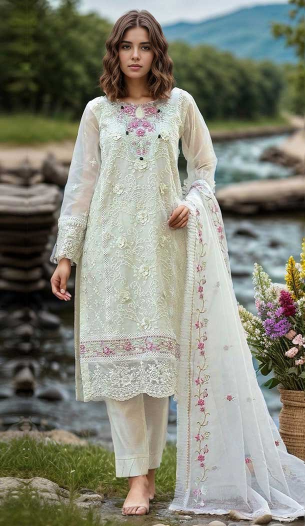 White Organza Embroidered Evening Wear Salwar Kameez - 11191199540
