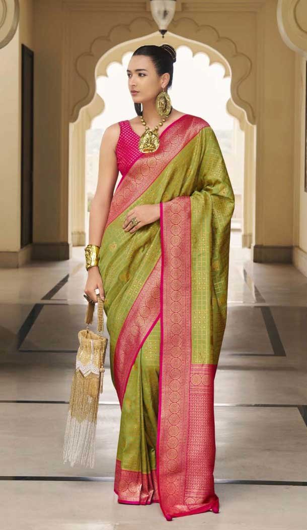 Mehendi Green Silk Kanjivaram Weaving Work Traditional Wear Saree - 11176199448