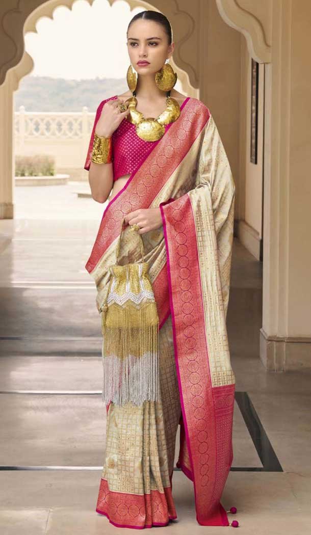 Beige Silk Kanjivaram Weaving Work Traditional Wear Saree - 11176199449