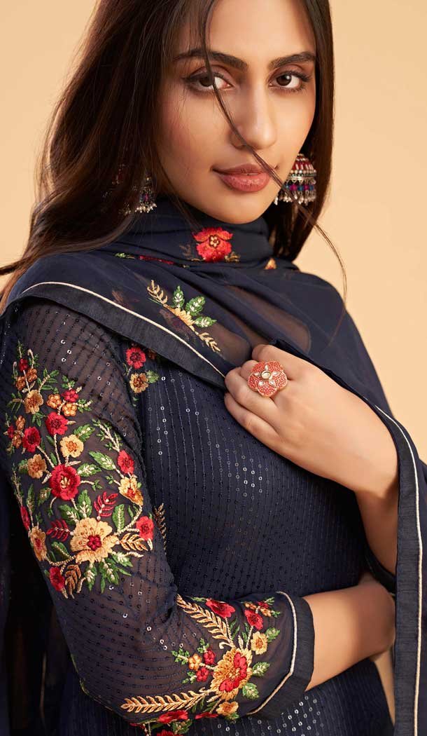 Navy Blue Georgette Resham Work Pakistani Palazzo Salwar Suit - 11179199466