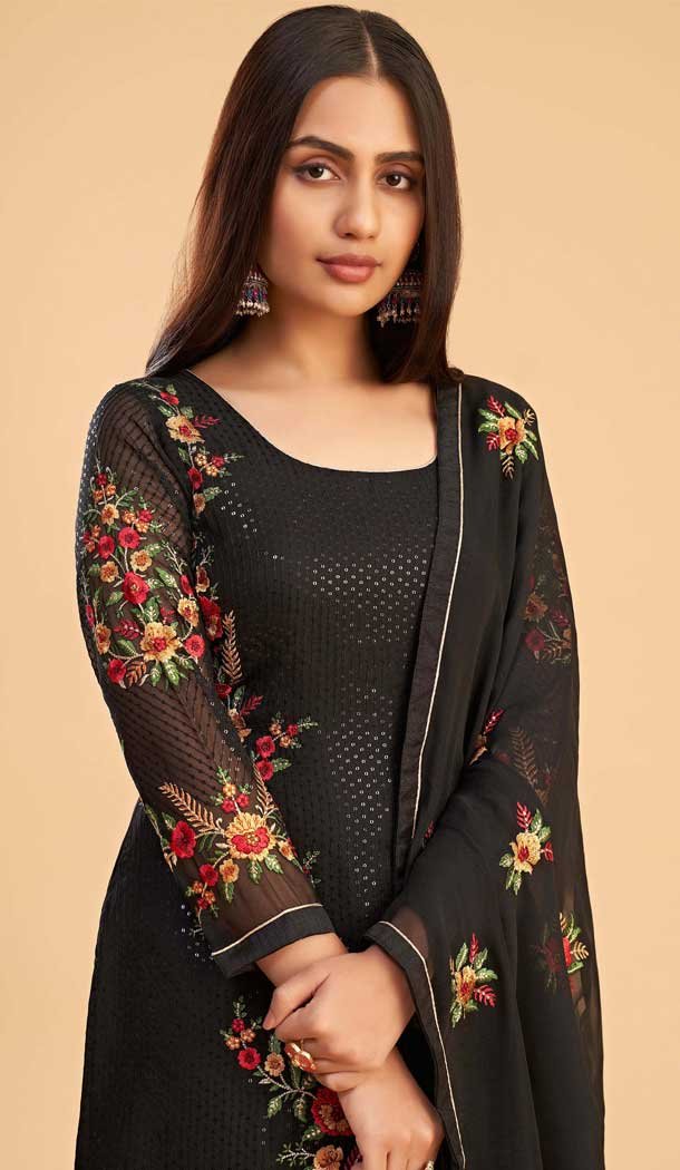 Black Georgette Resham Work Pakistani Palazzo Salwar Suit - 11179199467