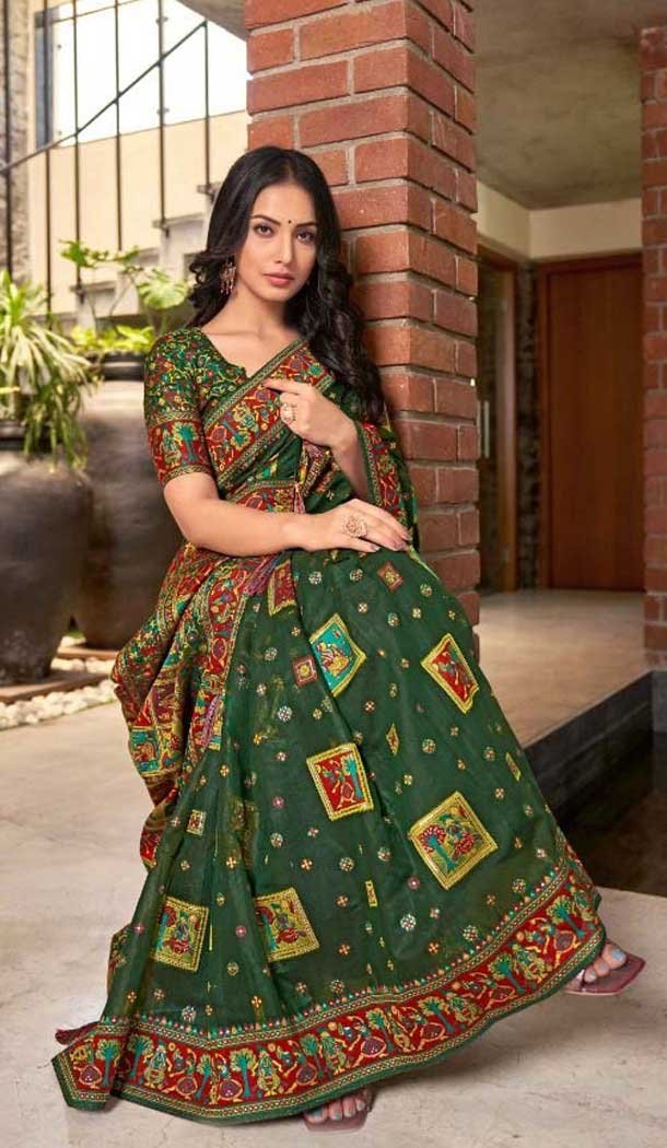 Cotton Silk Weaved Thread Work Traditional Wear Saree In Green - 11201199584