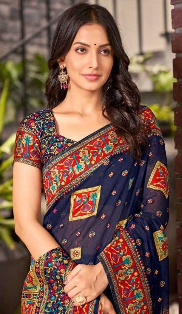 Cotton Silk Weaved Thread Work Traditional Wear Saree In Navy Blue - 11201199587