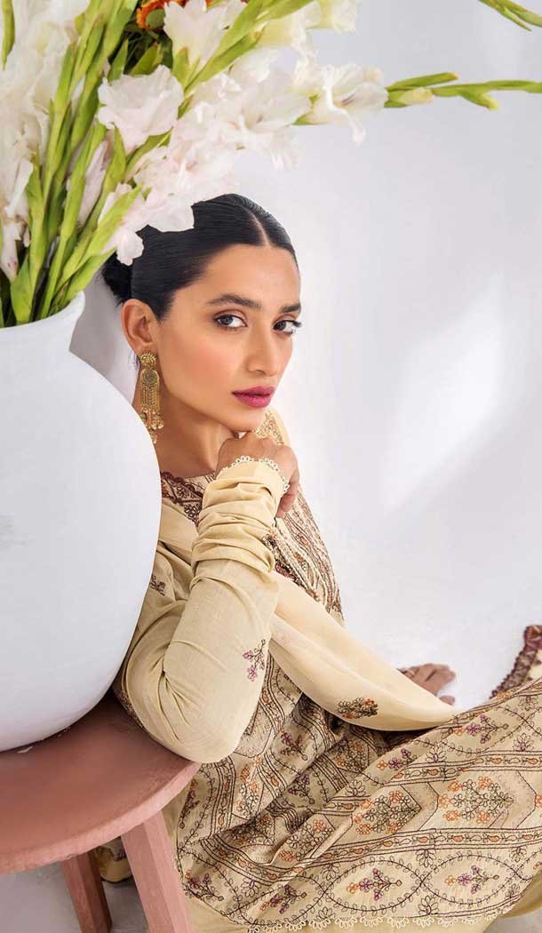 Beige Cotton Embroidered Pakistani Style Salwar Kameez - 11229199772