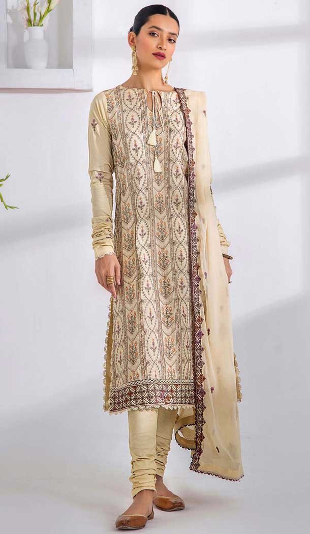 Beige Cotton Embroidered Pakistani Style Salwar Kameez - 11229199772