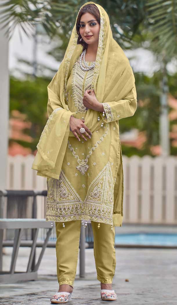 Organza Embroidery Work Pakistani Salwar Kameez In Mustard - 11245199887