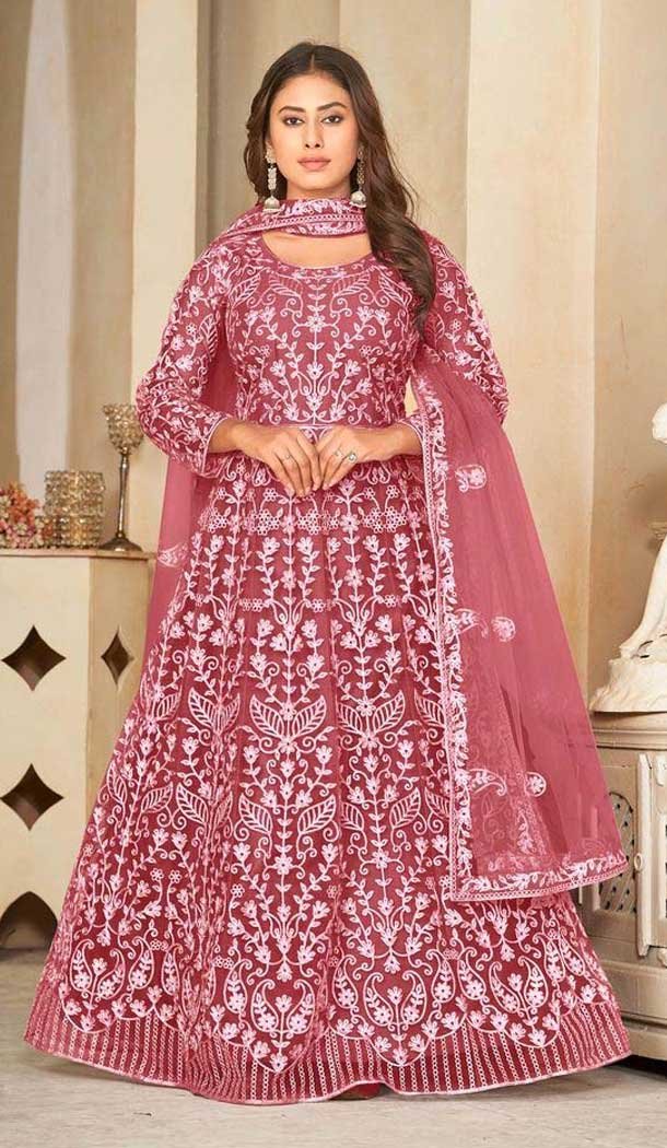 Peach Net Resham Work Anarkali Style Salwar Suit - 11068198557