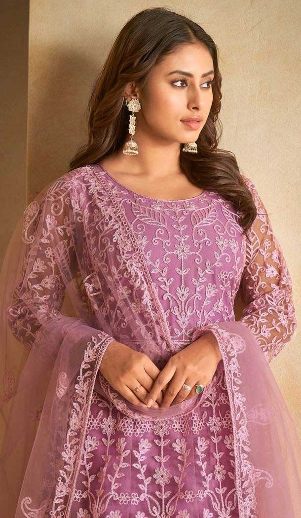 Peach Net Resham Work Anarkali Style Salwar Suit - 11068198557