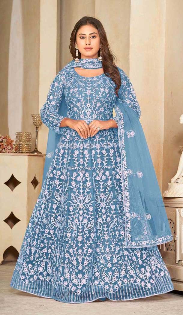 Sky Blue Net Resham Work Anarkali Style Salwar Suit - 11068198559