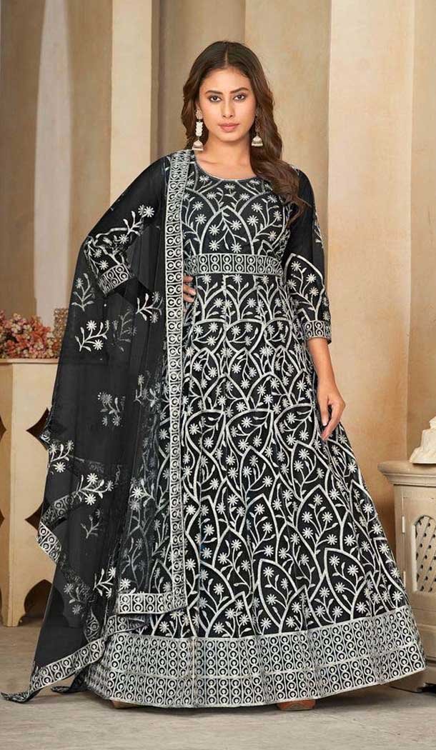 Black Net Resham Work Anarkali Style Salwar Suit - 11068198561