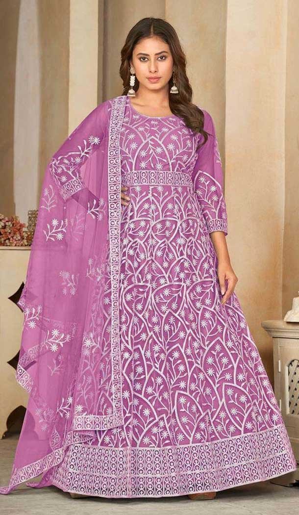 Net Resham Work Anarkali Style Salwar Suit In Purple - 11068198562