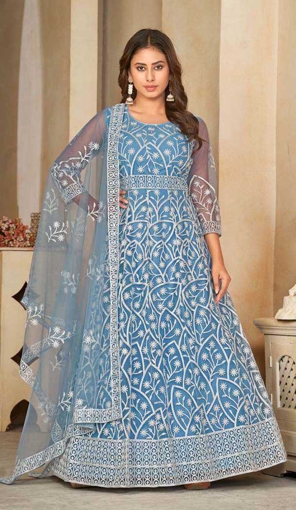 Sky Blue Color Net Resham Work Anarkali Style Salwar Suit - 11068198563