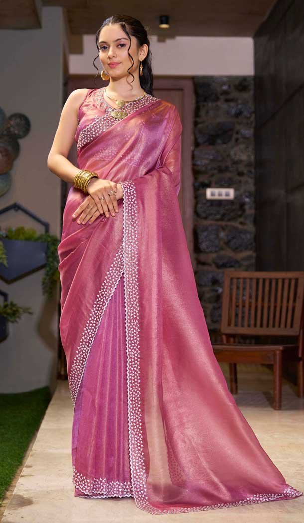 Organza Hand Work Party Wear Designer Saree In Pink - 11208199620