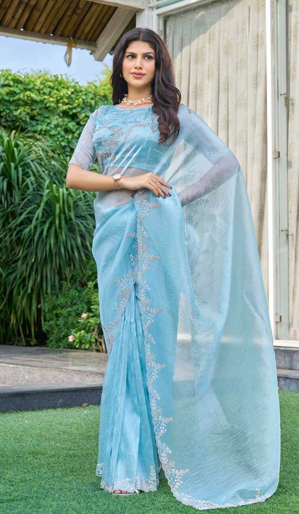 Blue Organza Hand Work Designer Wear Saree - 11215199668
